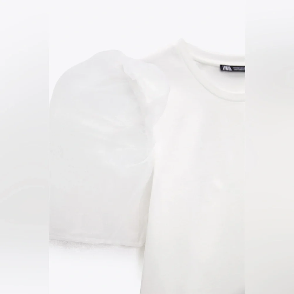 ZARA White T Shirt with Puff Organza Sleeves Tee Blouse $49.90